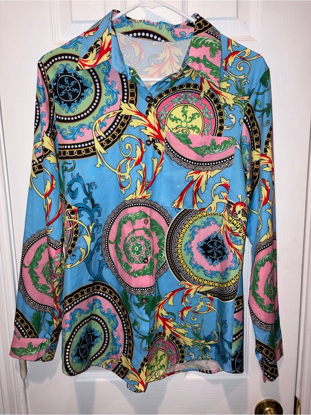 Womens Blue Multicolor Medallion Print Blouse